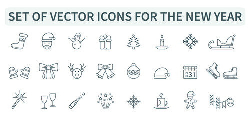Set, group of vector icons for the New year. Christmas, 2021, holiday, web. Santa Claus, Christmas tree. Santa Claus.