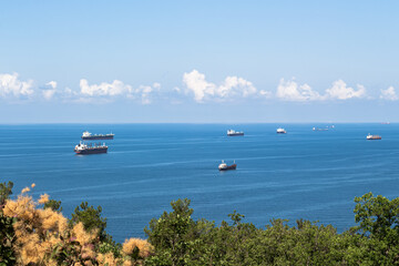 Beautiful summer landscape. Blue sea, clouds over the horizon, and several cargo ships. In the foreground, the tops of green trees. Surroundings of the resort of Gelendzhik. Russia, Black sea coast