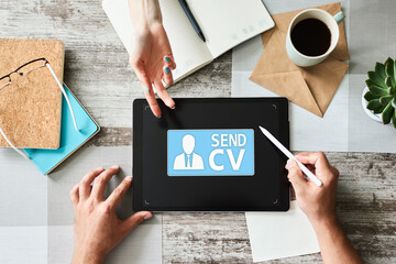 Send CV button on screen, Recruitment, Job Search, Human resources, HR, Employment. Business...