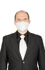 Business man with surgical medical virus protection white mask isolated.