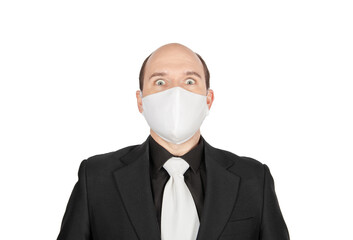 Surprised or scared business man with surgical medical virus protection mask isolated.
