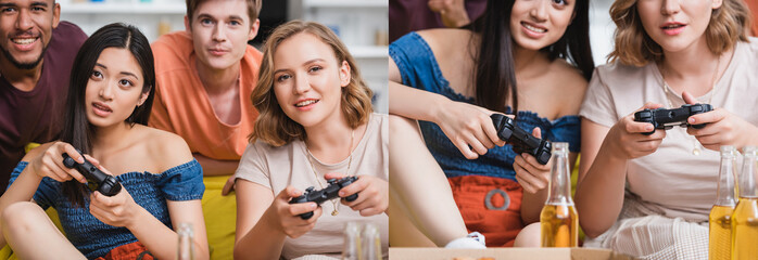 Fototapeta premium KYIV, UKRAINE - JULY 28, 2020: collage of multiethnic friends playing video game, panoramic shot