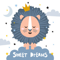 Sweet dreams quote with doodles. Cute cartoon lion vector design