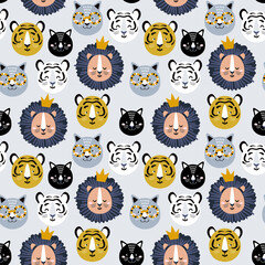 Childish seamless pattern with hand drawn lions, tigers and cats. Creative kids for fabric, wrapping, textile, wallpaper, apparel. Vector illustration