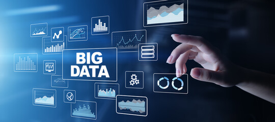 Big data analysis, business intelligence, technology solutions concept on virtual screen.