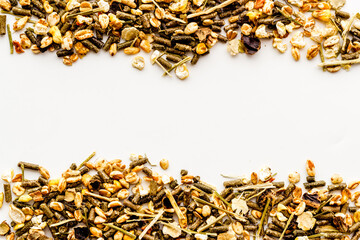 Top view of dried rodent food and treats. Flat lay of food for pets