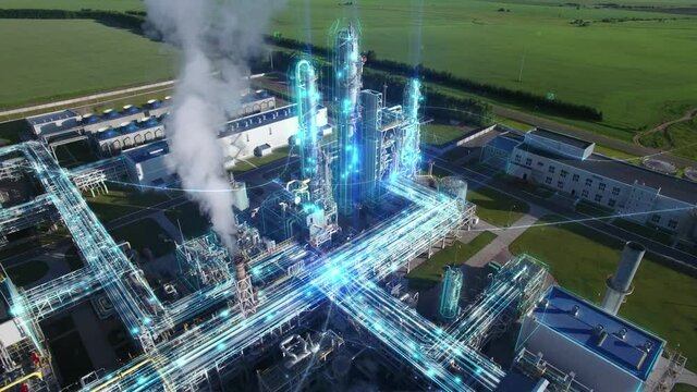 Chemical Plant produces gasoline and mineral fertilisers. Blue lines particles motiongraphics design illustrate energy and working gas oil flows. Orbit aerial flying. Smoke environmental pollution.