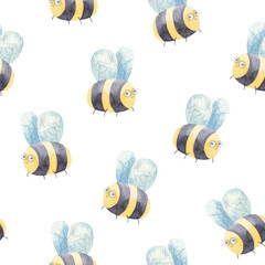 seamless pattern with cartoon wasps of yellow-black color, watercolor illustration on white background