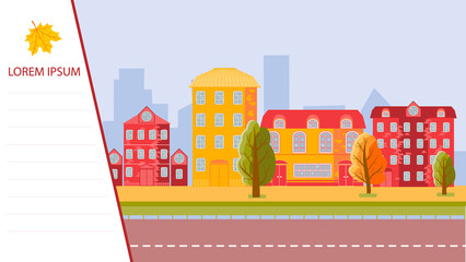 Urban desolate landscape with high-rise buildings and a straight road. With an empty white space for the label or text. Autumn. Vector illustration