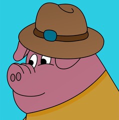 Illustration of Pig Standing Wearing a Hat and Smiling Cartoon, Cute Funny Character, Flat Design
