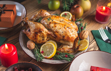 Crispy baked chicken with rosemary and berries on a wooden table. Traditional Christmas dish for a festive dinner