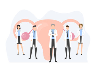 Women health medical gynecology concept. Female reproduction system shape in flat style vector illustration. Medical poster with human organ and doctors.