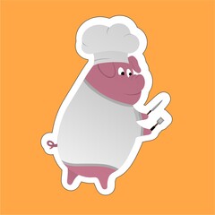 Sticker of Pig Standing Wearing a Chef's Hat Carrying a Knife and Spatula  Cartoon, Cute Funny Character, Flat Design
