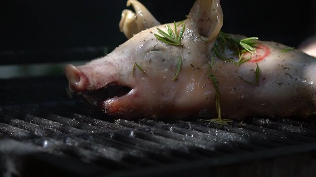Slow motion of tasty pork on a barbecue grill. Close up of whole pig cooked grilled meat in BBQ of garden home at holiday vacations. Crispy roasted piglet on a spit in Spain.-Dan