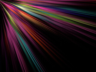 Multicolored abstract fractal rays on a black background for design.