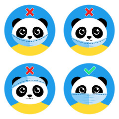 The cute panda bear shows how to wear face mask correctly. Right and wrong ways of wearing medical protective mask. Cartoony instruction for kids