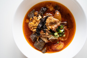 Nam Ngiao Rice Noodle, Traditional spicy rice noodle soup with Spicy Pork Sauce from Northern of Thailand