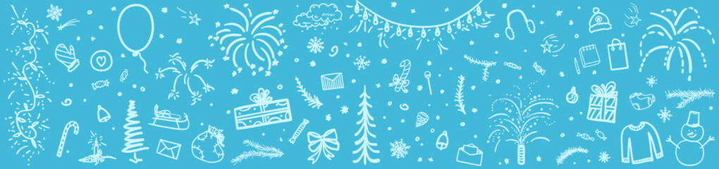 Naklejka na ściany i meble Monochrome holiday background. Hand drawn colorful xmas elements. Abstract holiday signs and objects on pattern. Happy New Year
