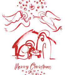 Nativity of Jesus Christ, nativity scene, baby in a manger, Mary and Joseph, angels and the star of Bethlehem. Abstract christian postcard,.Contemporary catholic art, protestant christmas illustration