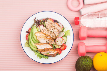 fitness and active healthy lifestyles Concept.A plate of chicken breast salad