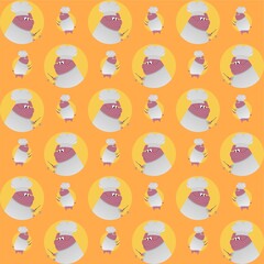 Pig Standing Wearing a Chef's Hat Carrying a Knife and Spatula  Cute Illustration, Cartoon Funny Character, Pattern Wallpaper 