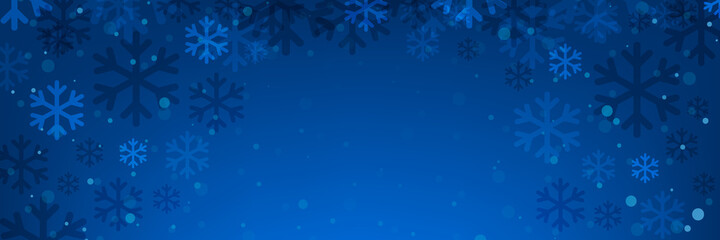 Fototapeta na wymiar Blue winter banner with snowflakes. Horizontal abstract background.