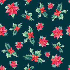 Watercolor Christmas seamless pattern with holly plant. Hand painted poinsettia, holly isolated on colorfull background.