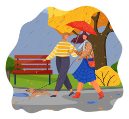 Autumn, couple of happy girl and guy with umbrella walking in park under rain with dog at leash, young adult people enjoy of rainy weather, outdoors activity, gloomy, overcast cloudy day, leisure