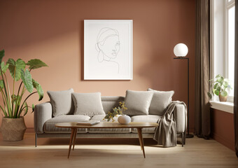3d render of a grungy pale red room with a grey sofa an art canvas and many plants and flowers	
