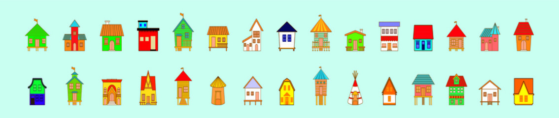 set of shack or huts cartoon icon design template with various models. vector illustration isolated on blue background