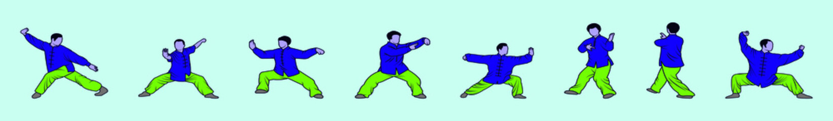 set of asian martial arts cartoon icon design template with various models. vector illustration isolated on blue background