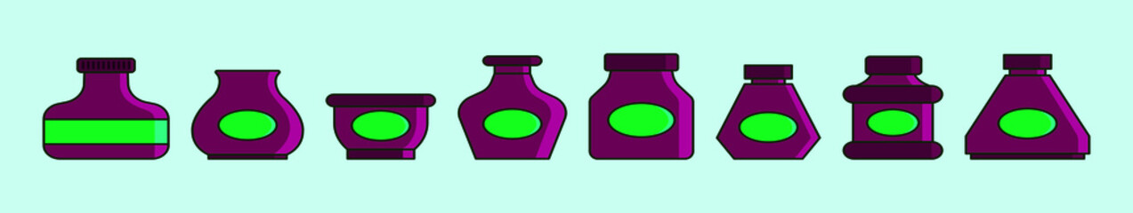 Set of ink bottle cartoon icon design template with various models. vector illustration isolated on blue background