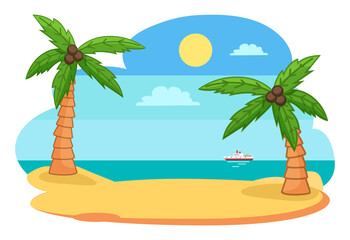 Fototapeta na wymiar Tropical exotic view with island, shore or beach and palm trees, sea or ocean with ship, skyline and sun, travel or journey to exotic country, leisure time, holidays, season for swimming, summertime