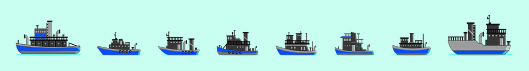 Set of boat cartoon icon design template with various models. vector illustration isolated on blue background
