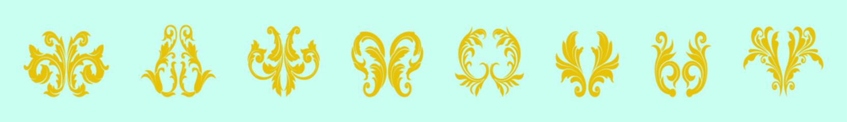 Set of golden vintage baroque ornament cartoon icon design template with various models. isolated on blue background
