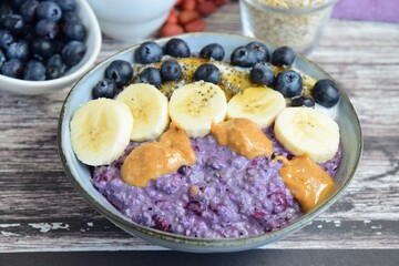 Blueberry Overnight Oats with Banana, Peanut Butter and Chia Seeds