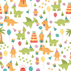 Vector seamless pattern with dinosaurs, birthday cake, presents and balloons. Birthday party for kids.