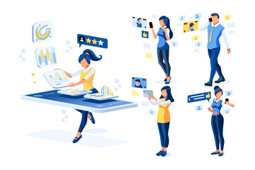 Liking app for photos, character on video talking. Smartphones on male chatting with girls. Social boys and female social chatting on smartphones. Video or photos liking on mobile. Cartoon Flat Vector