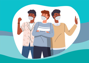 Young mix race guys wearing face medical masks protesting against world epidemic at turquoise vector background, stop and fight gesture. Stop spreading virus. Cartoon characters in flat style