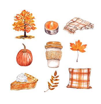 Fall watercolor illustration set, isolated. Pumpkin spice latte coffee cup, pumpkin, pillow, blanket, maple tree, apple pie, candle and leaf. Warm orange color palette. Autumn hand painted graphic.