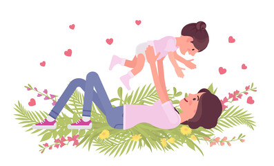 Mom and baby daughter, mother throwing, tossing child. Happy motherhood, female health, parent playing with her small kid. Vector flat style cartoon illustration, floral summer and spring background