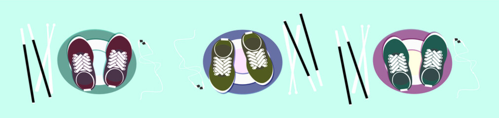 Set of shoes and shoestring cartoon icon design template with various models. vector illustration isolated on blue background