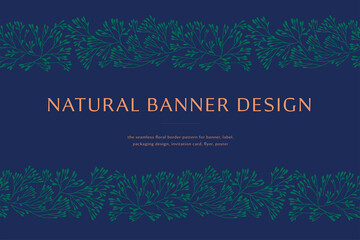 Panoramic Christmas floral banner template of wallpaper background. Winter sale with seamless floral pattern. New Year seasonal celebration greeting card. Pinecone Xmas branches and isolated leaves.