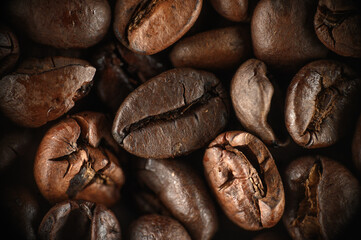 Close up of coffee beans on the table.

