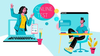 Online test banner template for distance courses and training, flat vector illustration. Online exam and remote test concept for internet schooling and e-learning with cartoon people characters.