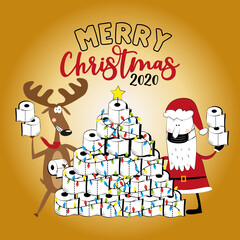 Merry  Christmas 2020 -Funny reindeer and Santa Claus in facemask and toilet paper christmas tree. For greeting card, poster textile print, for Christmas in covid-19 pandemic self isolated period.