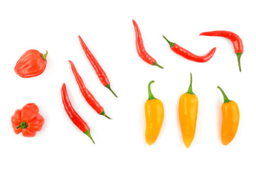 hot chili peppers isolated on white background. Top view.