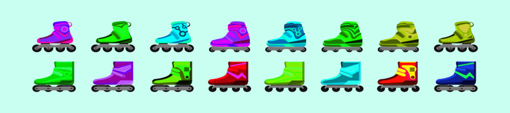 Set Of Roller Blades Cartoon Icon Design Template With Various Models. Vector Illustration Isolated On Blue Background