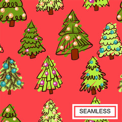 Pattern with red fir christmas tree drawing on green background. Cartoon vector illustration. Vector festive illustration. Vector design element. Outline symbol collection.