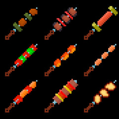 Food set of nine images of shish kebab. Images for different purposes sites, logos, restaurant menus, and more.